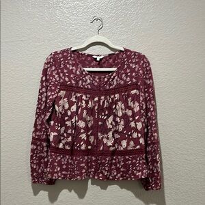 Lucky Brand Burgundy Cream Floral Long Sleeve Blouse Size S Boho Cottage Core